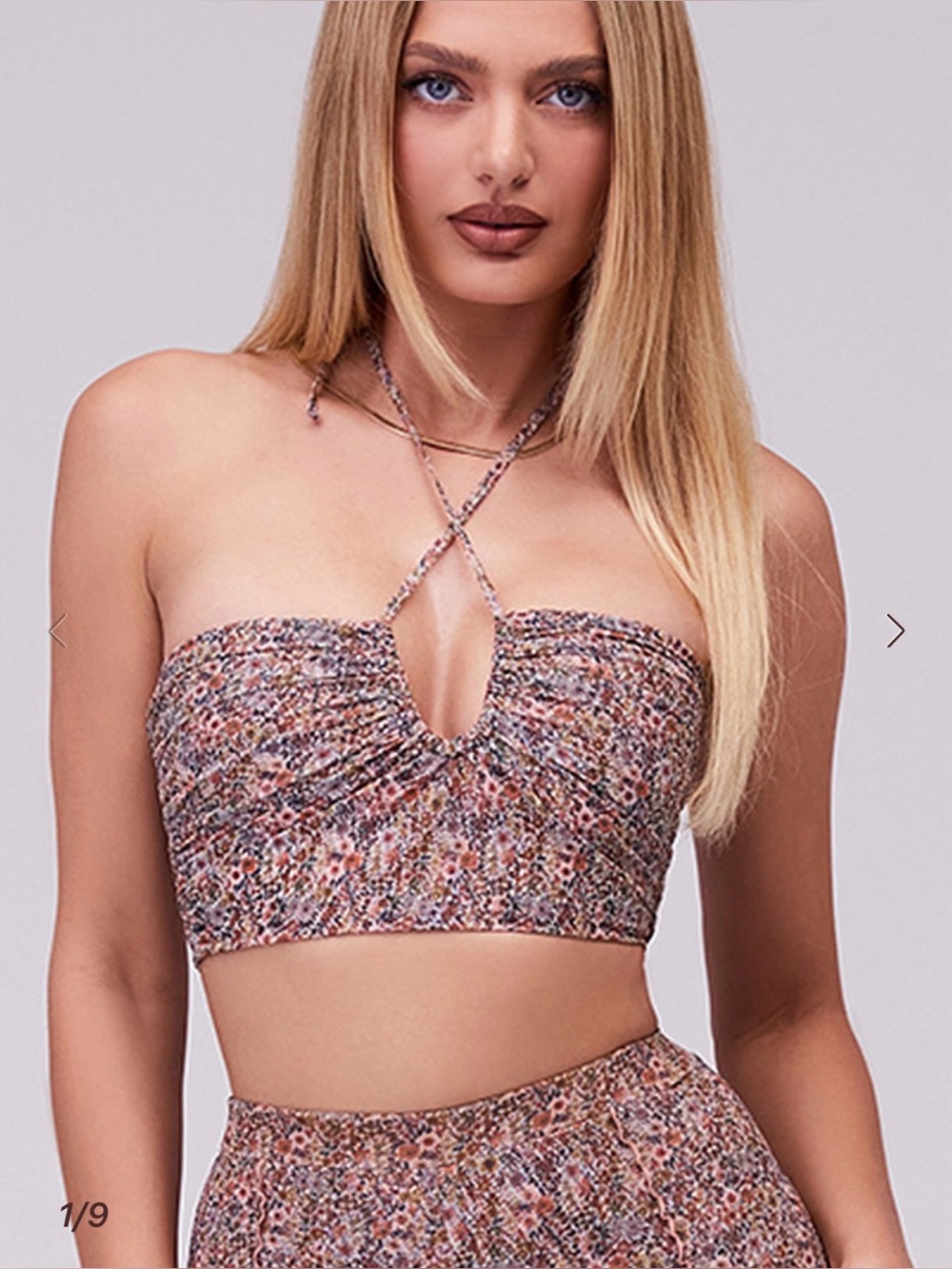 House of CB Mistress Rocks Antique Floral Halter Strap Smocked Cropped Top Small